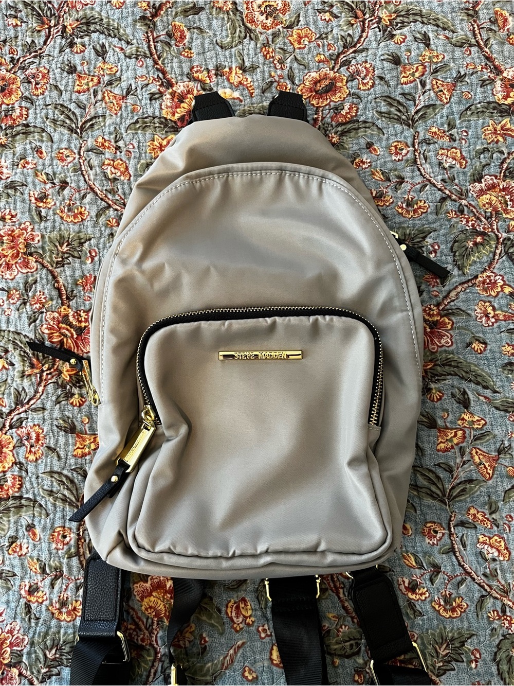 Steve Madden Grey Mini Backpack with Black Gold Studded Straps